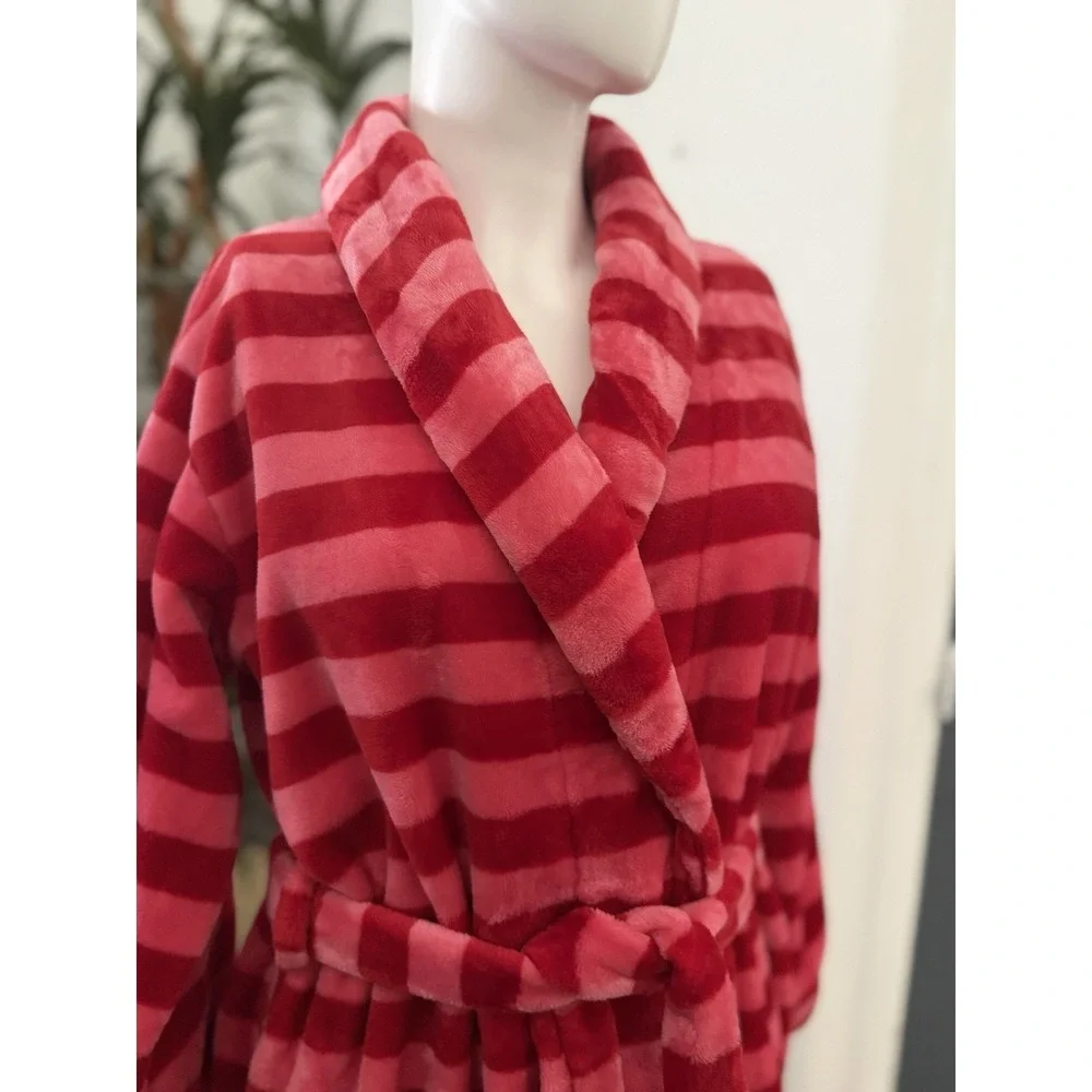 Kate Spade Soft Plush Robe Sz M Wrap Belt Tie Chenille Red Pink Stripe Cozy Pink